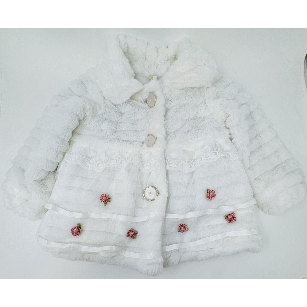 EUC toddler girl fancy coat.,Faux Fur Tiers Lace Flowers, Cute Buttons.Size 10M